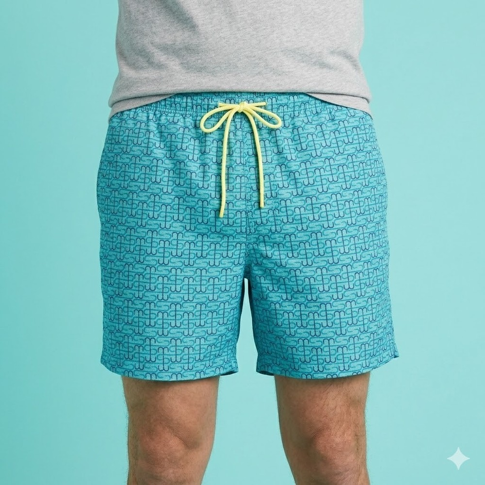 Southern Tide Swim Trunks Hook Anchor Monogram Large Teal Blue
